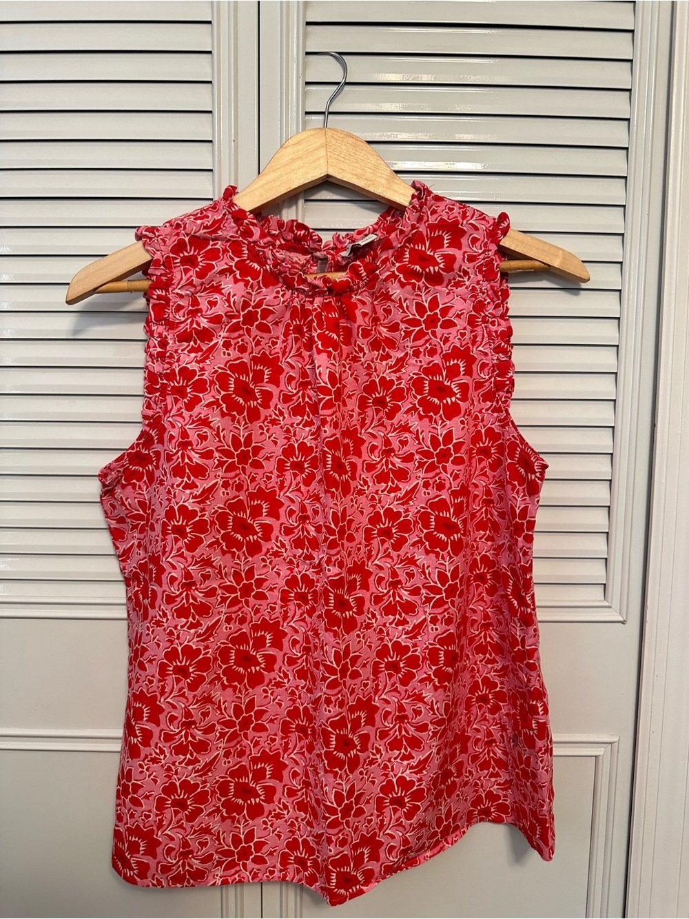 J. Crew Factory Red Floral Ruffle-Neck Sleeveless Cotton Top